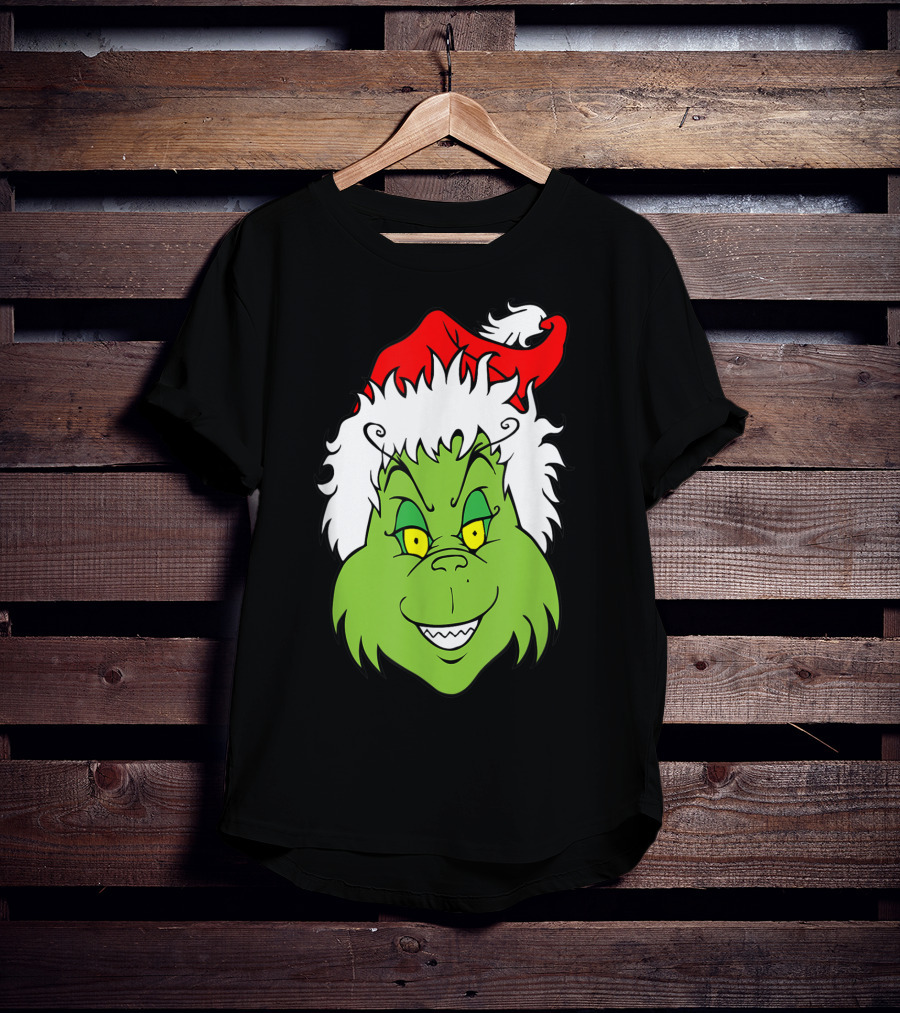 Grinch Christmas Face Santa Hat Smile T-Shirt