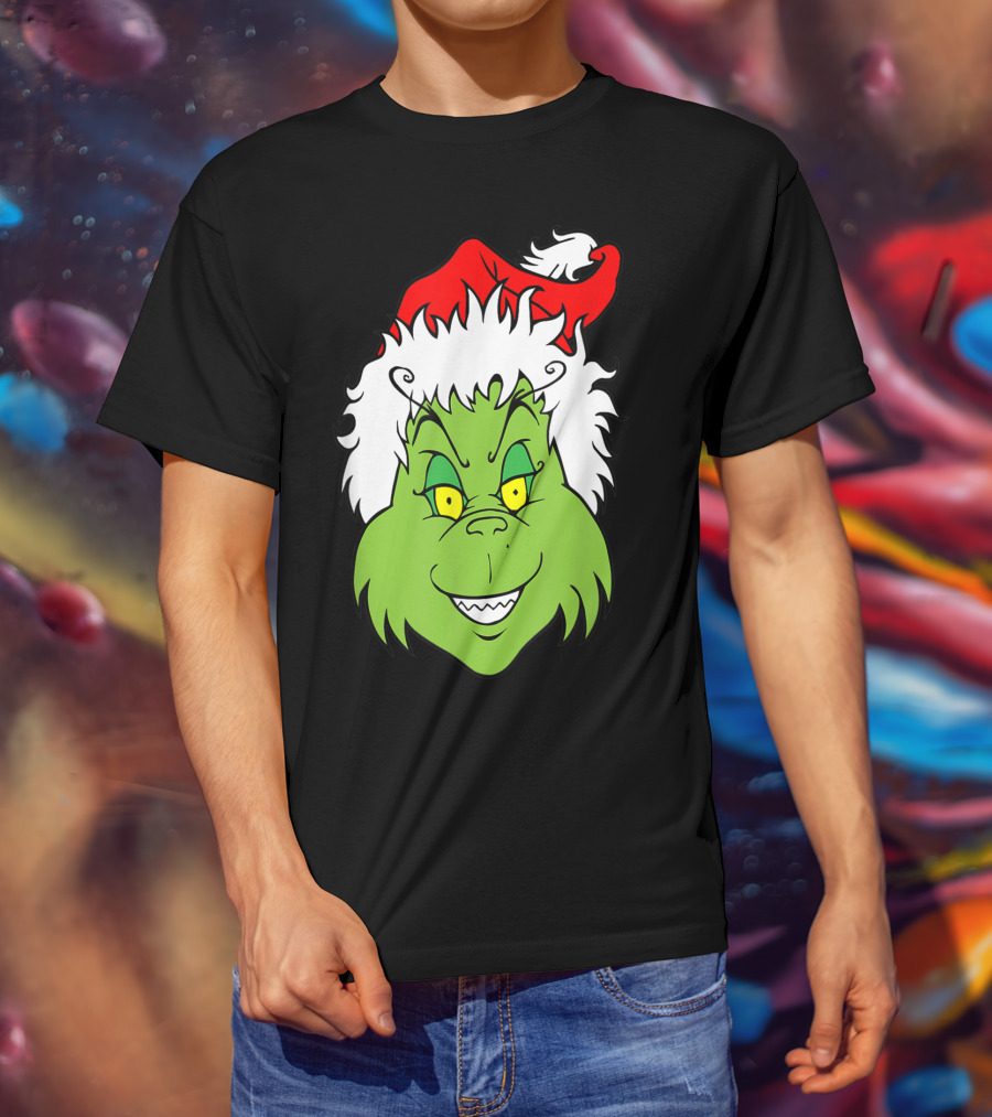 Grinch Christmas Face Santa Hat Smile T-Shirt