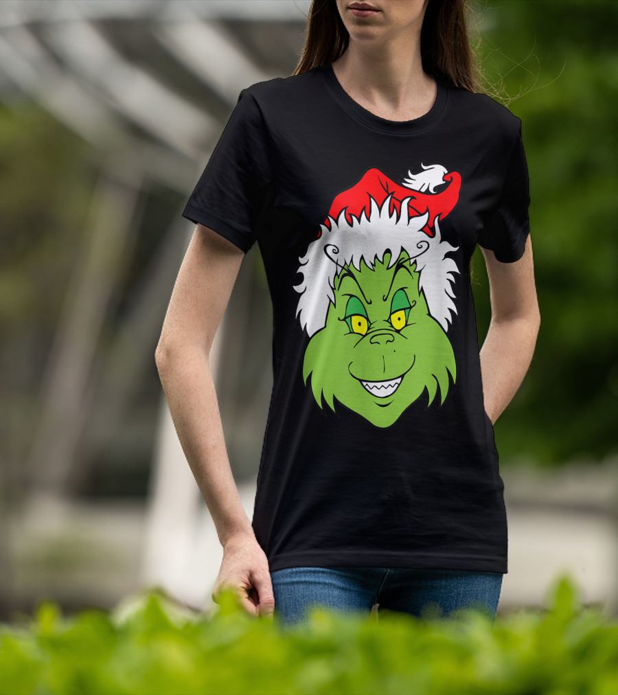 Grinch Christmas Face Santa Hat Smile T-Shirt