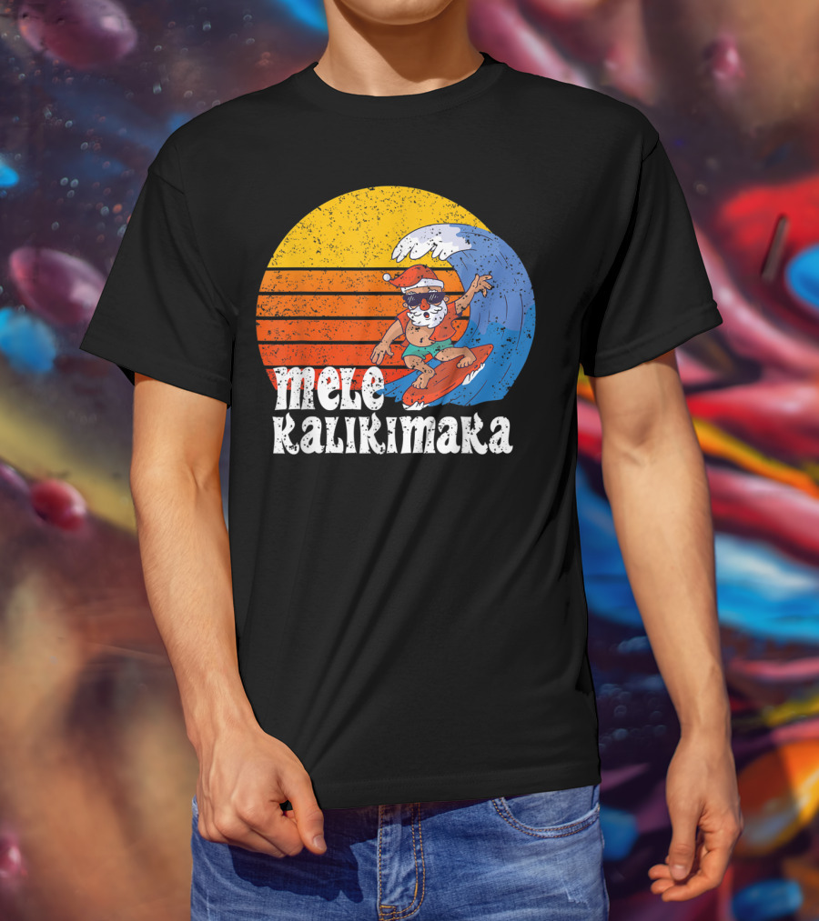 Mele Kalikimaka Surfing Santa Sunset Wave T-Shirt