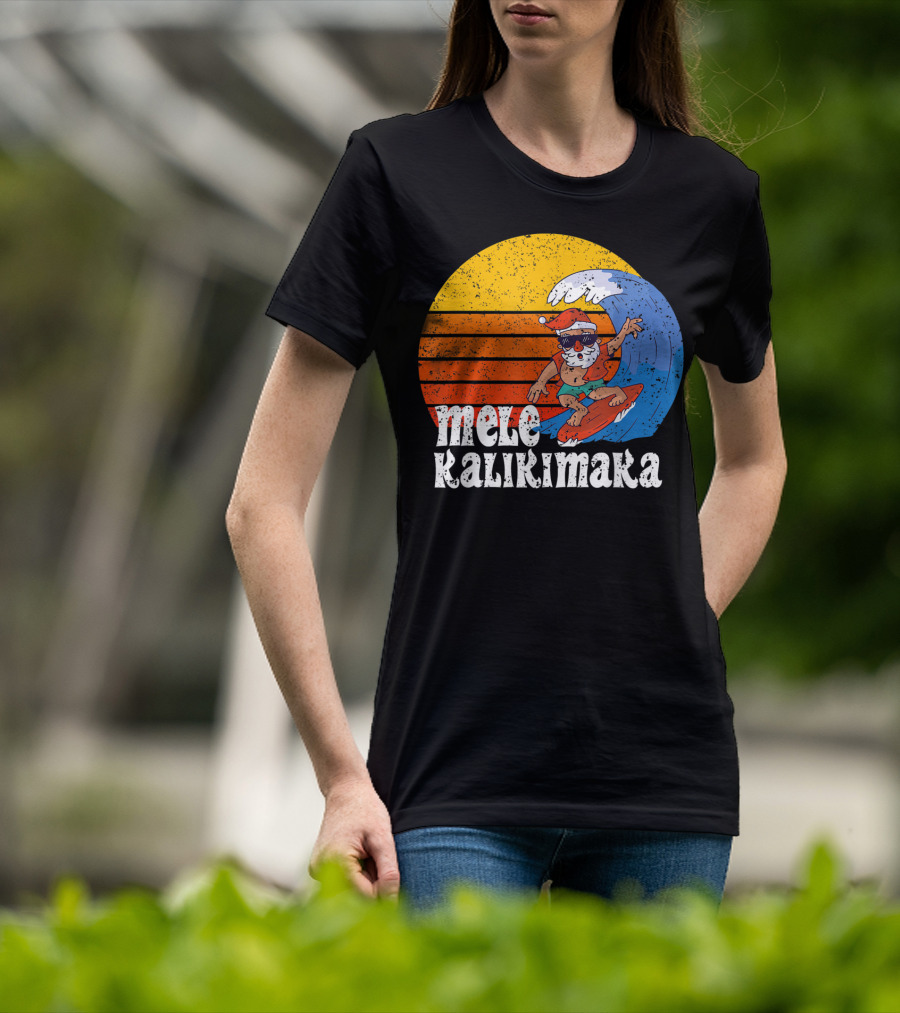 Mele Kalikimaka Surfing Santa Sunset Wave T-Shirt