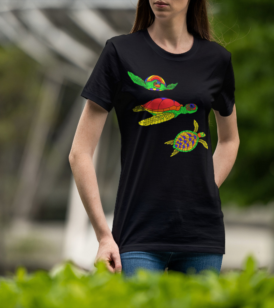 Colorful Swimming Sea Turtle Shell Artful Display T-Shirt