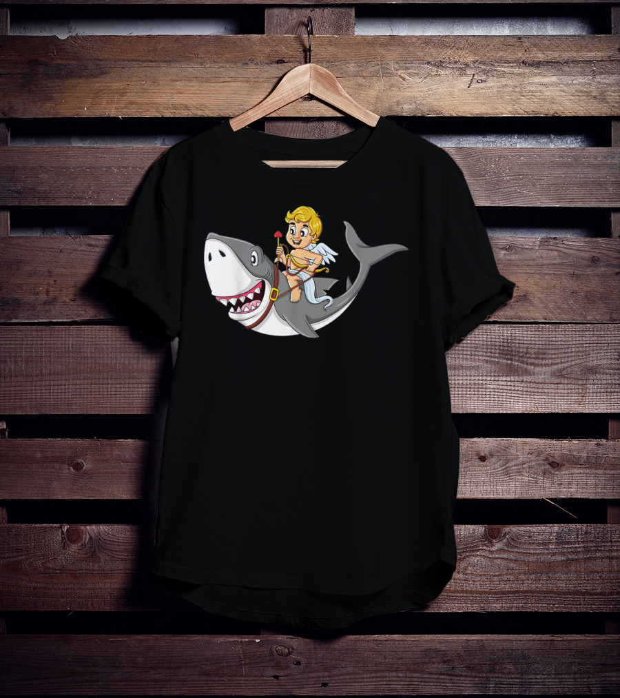 Cupid Riding Shark Valentines Day Iconic Funny Cartoon T-Shirt