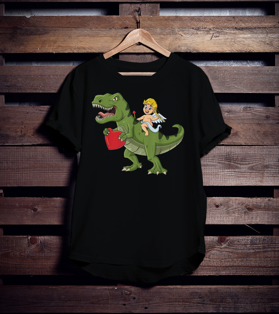Valentine Cupid On Dinosaur With Heart And Arrow T-Shirt