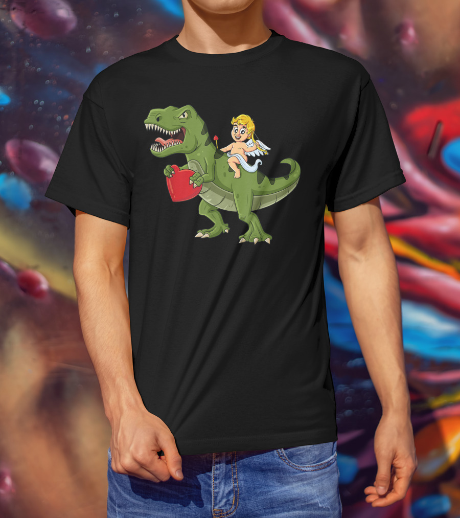 Valentine Cupid On Dinosaur With Heart And Arrow T-Shirt