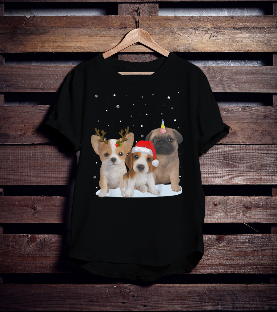 Cute Dogs Reindeer Horns Santa Hat Unicorn Snowflakes T-Shirt
