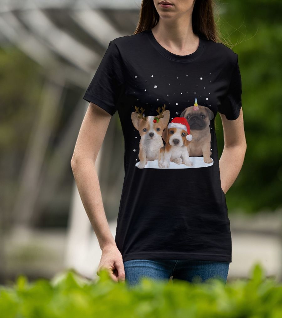 Cute Dogs Reindeer Horns Santa Hat Unicorn Snowflakes T-Shirt