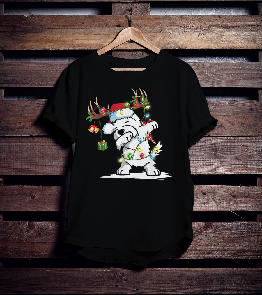 Dabbing Westie Dog Reindeer Lights Santa Hat Christmas Gifts T-Shirt
