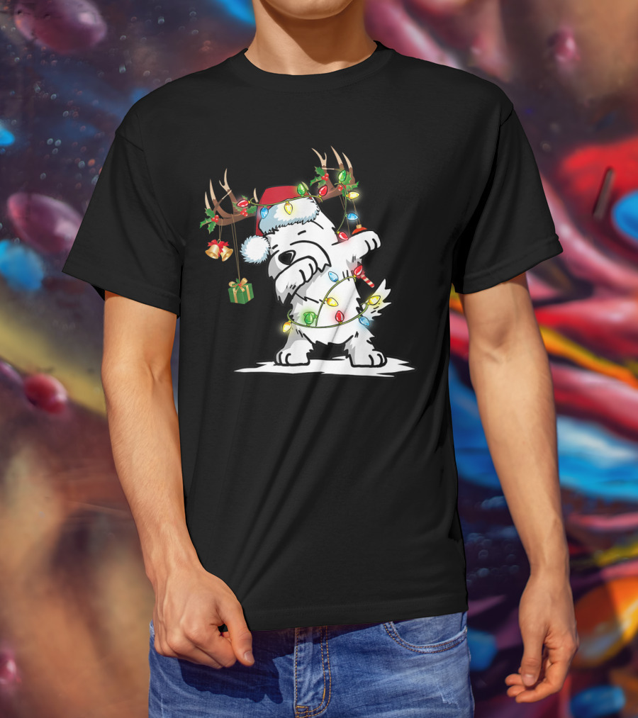 Dabbing Westie Dog Reindeer Lights Santa Hat Christmas Gifts T-Shirt