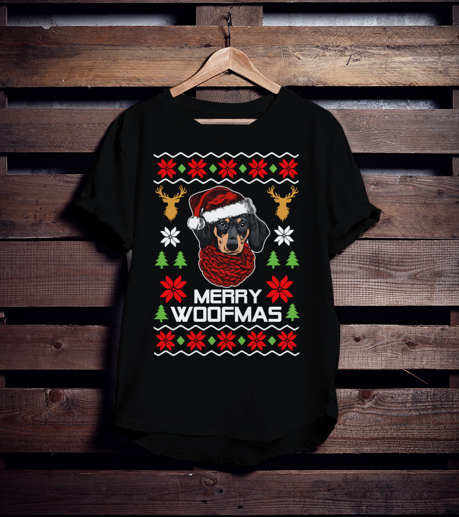 Merry Woofmas Dachshund Santa Hat Christmas Reindeer Snowflakes Trees T-Shirt