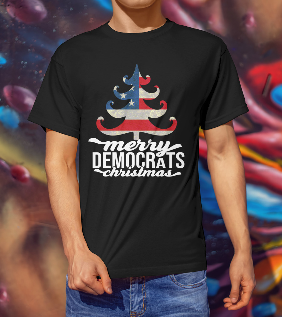 Merry Christmas Democrats Patriotic Tree USA Flag Stars T-Shirt