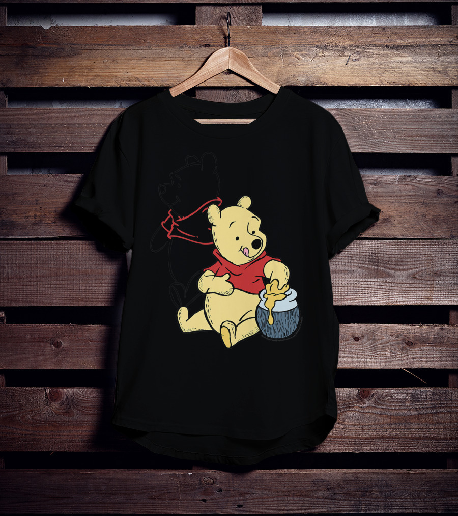 Disney Winnie The Pooh Outline And Colored Character Sitting With Honey Jar T-Shirt