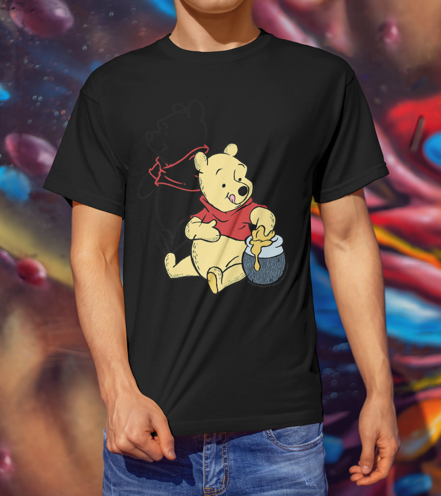 Disney Winnie The Pooh Outline And Colored Character Sitting With Honey Jar T-Shirt