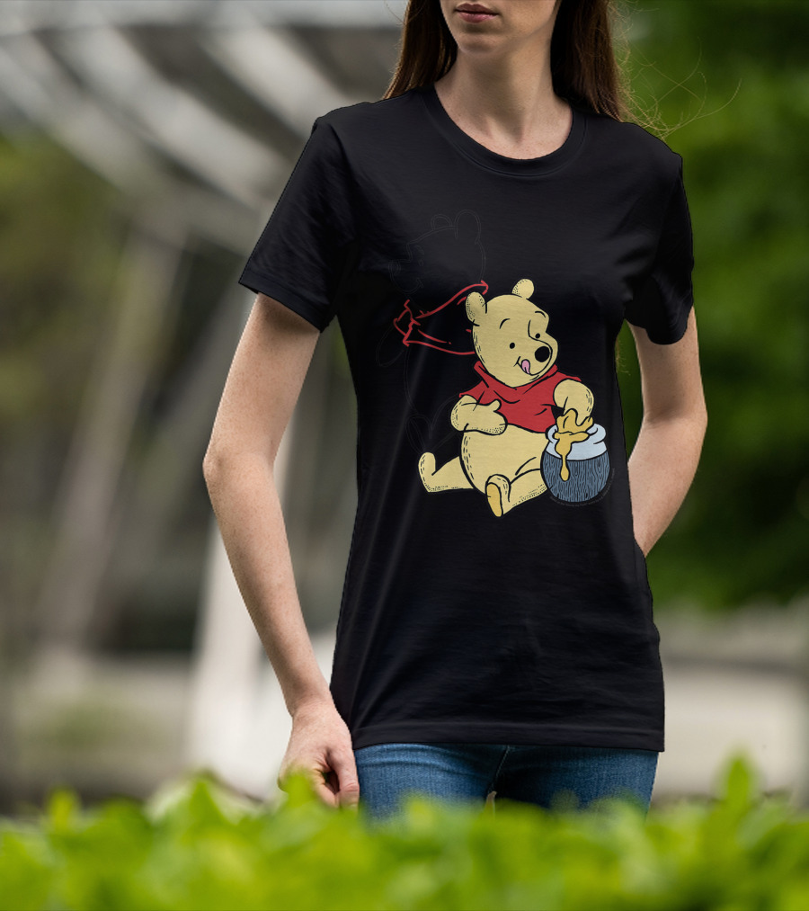 Disney Winnie The Pooh Outline And Colored Character Sitting With Honey Jar T-Shirt