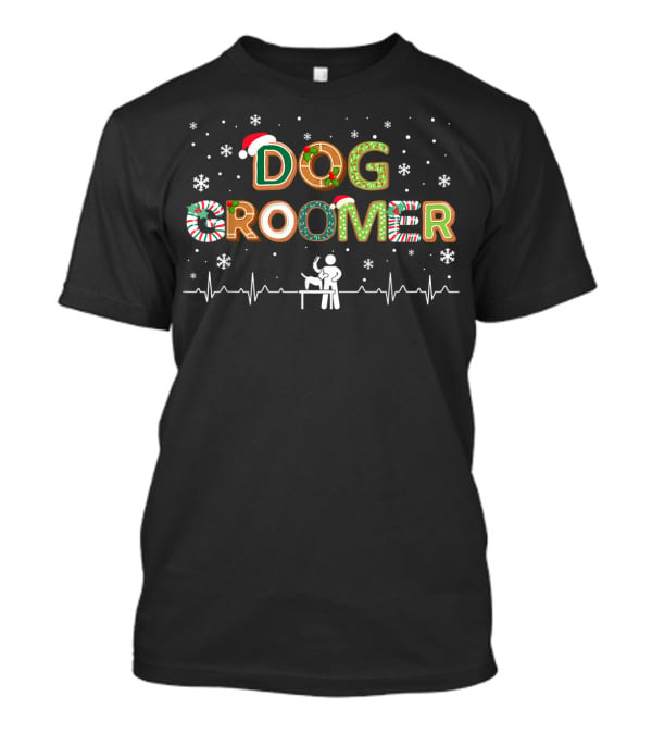 Dog Groomer Christmas Heartbeat Santa Hat Snowflakes T-Shirt