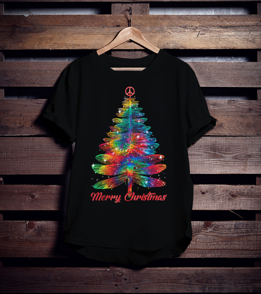 Merry Christmas Dragonfly Peace Sign Christmas Tree T-Shirt