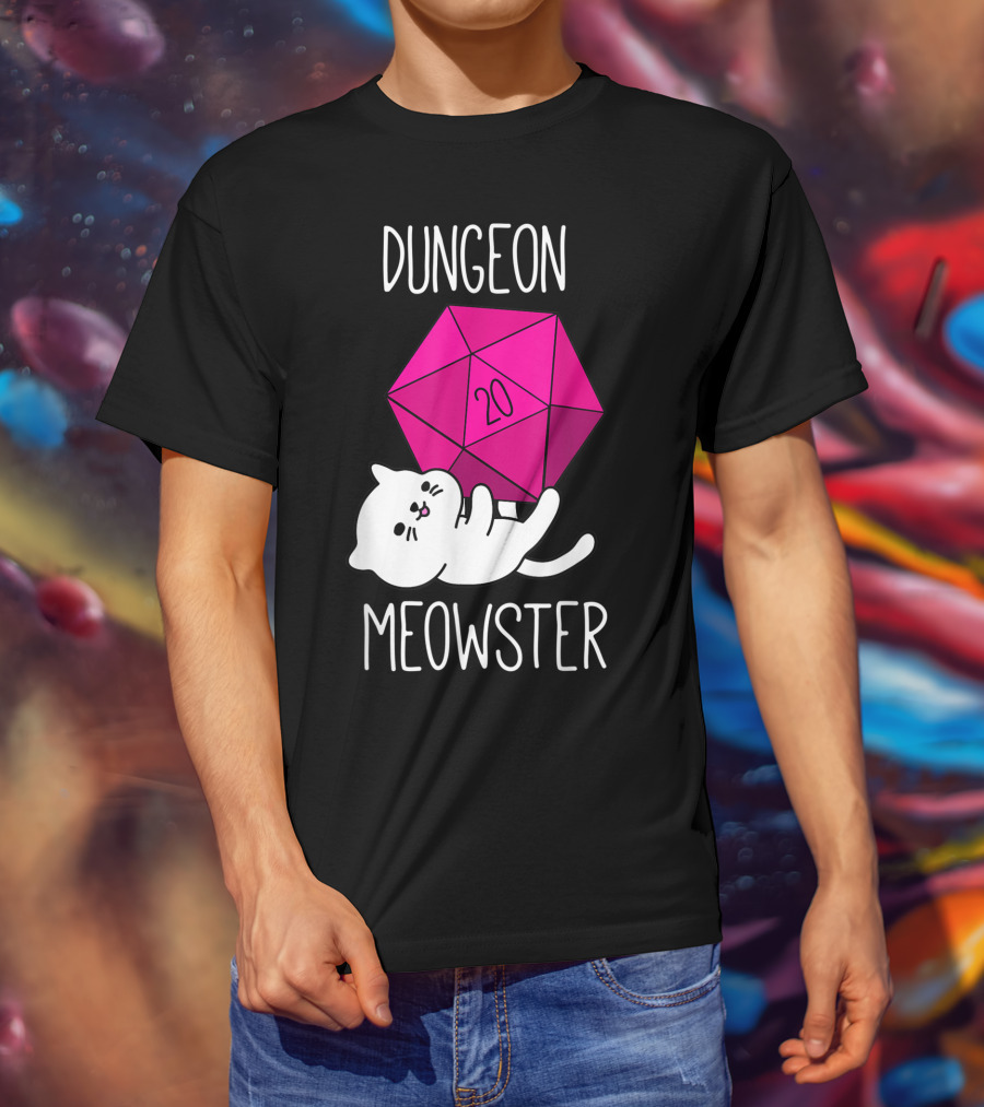 Dungeon Meowster Funny Nerdy Cat D20 Dice T-Shirt