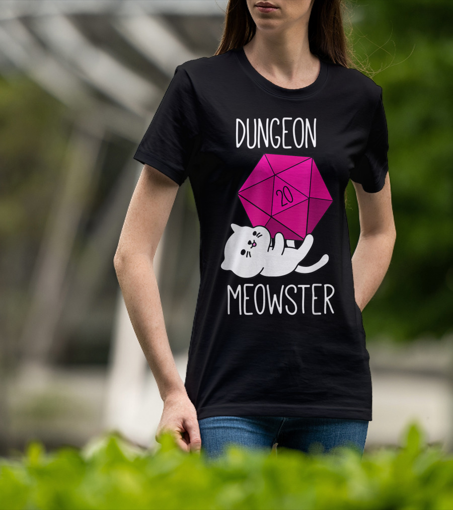 Dungeon Meowster Funny Nerdy Cat D20 Dice T-Shirt