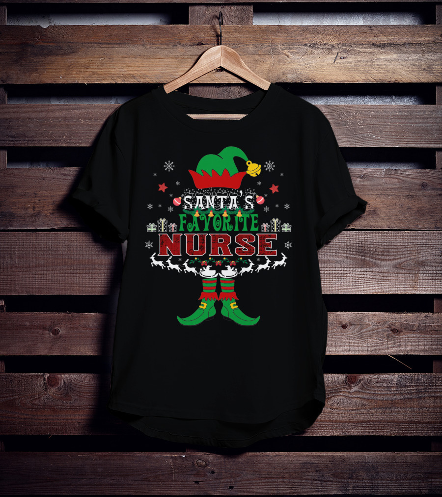 Santa's Favorite Nurse Elf Xmas Gifts Reindeer Bells Snowflakes T-Shirt