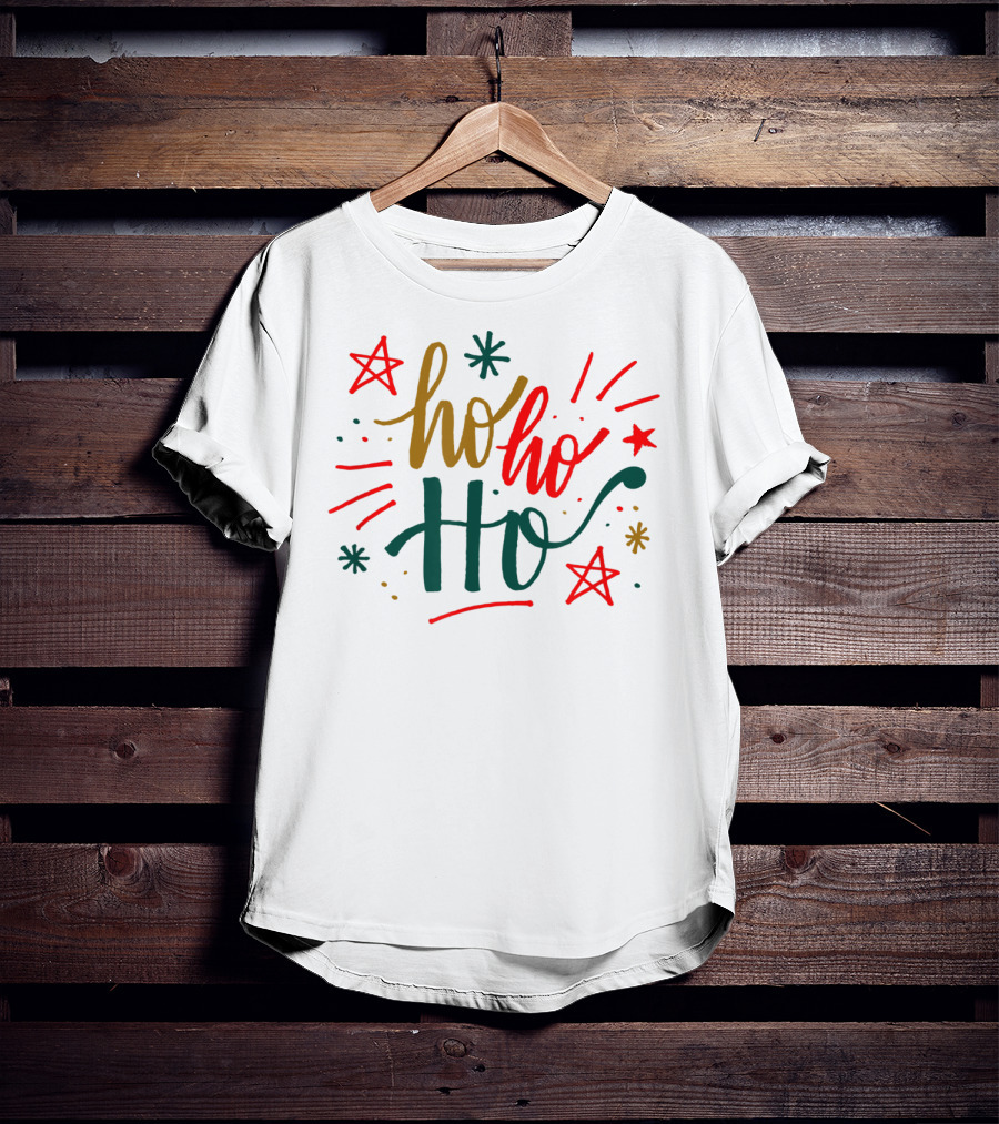 Festive Bright Red And Green Christmas Ho Ho Ho Stars T-Shirt