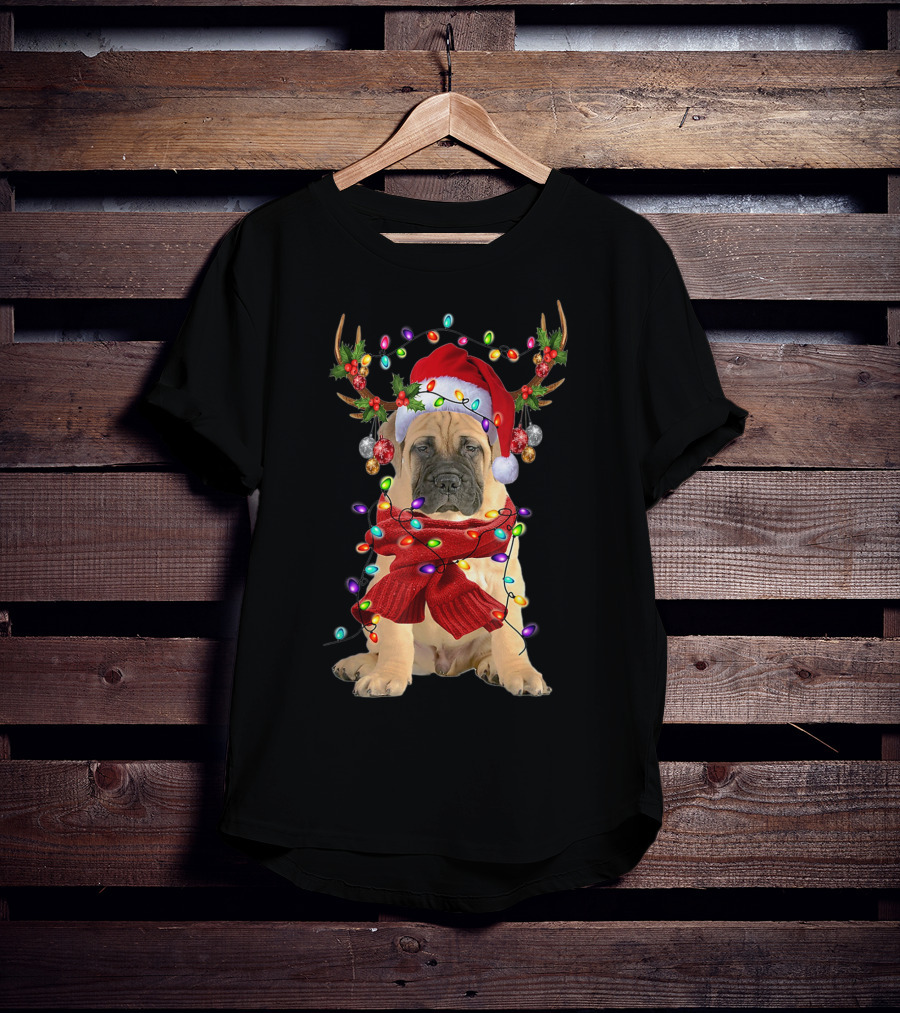 Festive Bull Mastiff Reindeer Lights Christmas Dog T-Shirt
