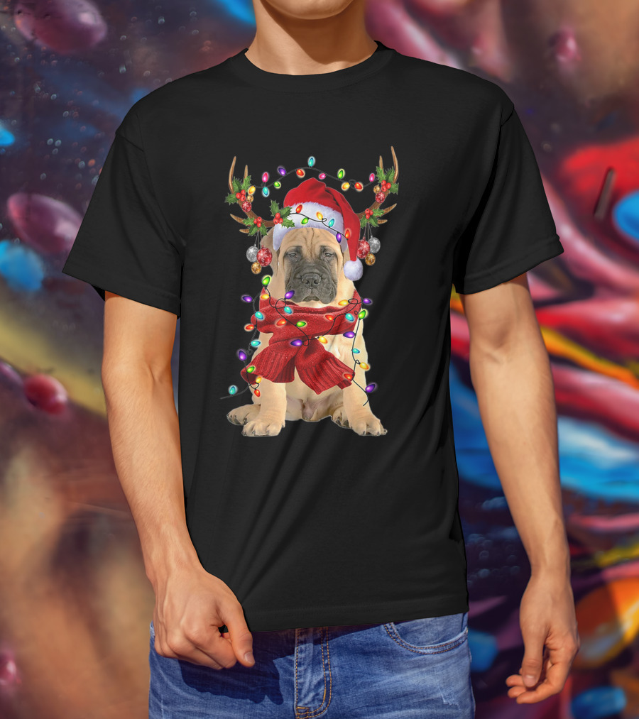 Festive Bull Mastiff Reindeer Lights Christmas Dog T-Shirt