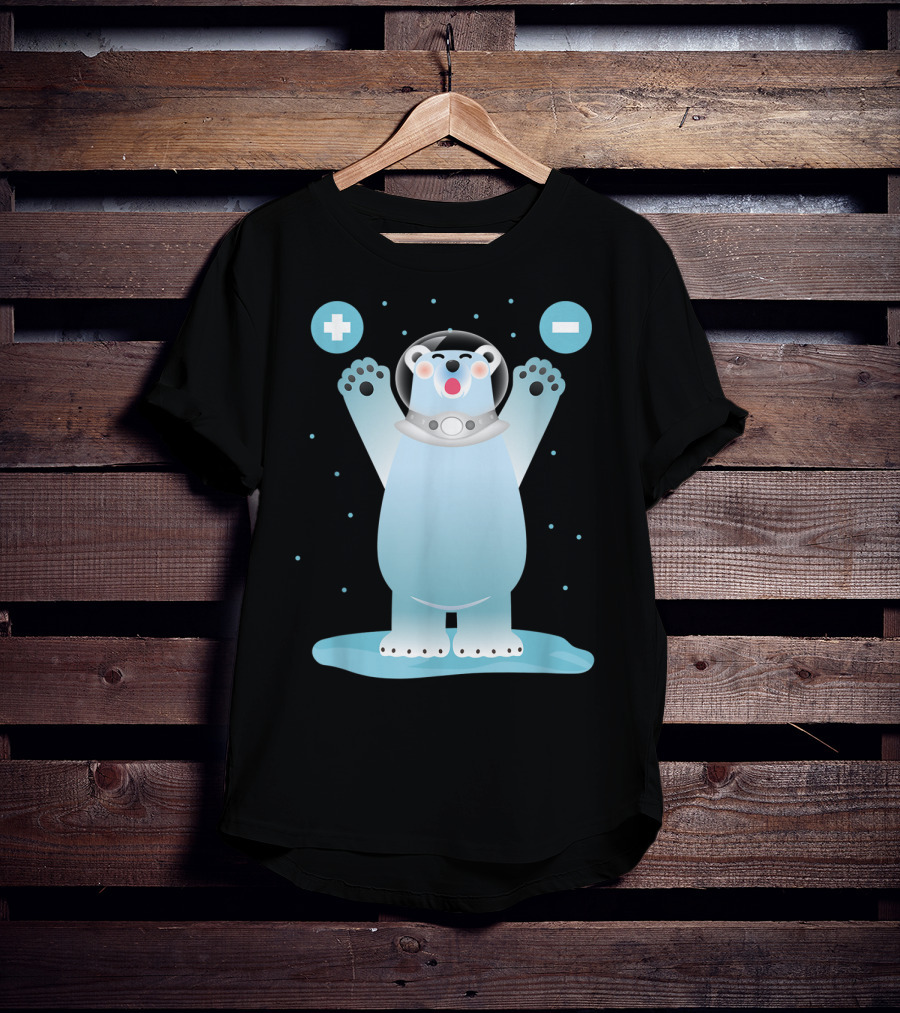 Funny Polar Bear In Space Helmet With Plus And Minus Chemistry Symbols T-Shirt