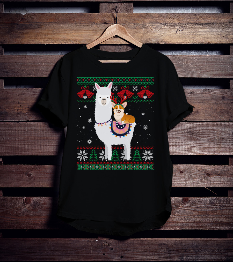 Christmas Corgi Riding Llama With Snowflakes And Reindeer Antlers T-Shirt