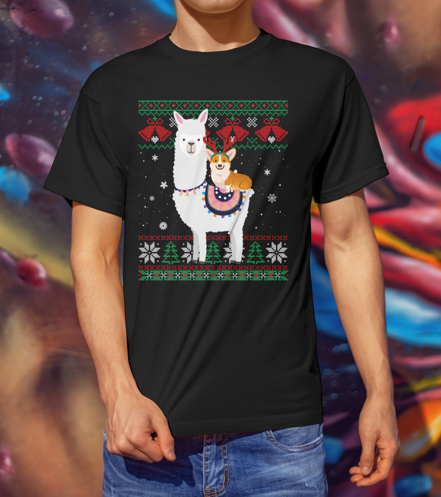 Christmas Corgi Riding Llama With Snowflakes And Reindeer Antlers T-Shirt