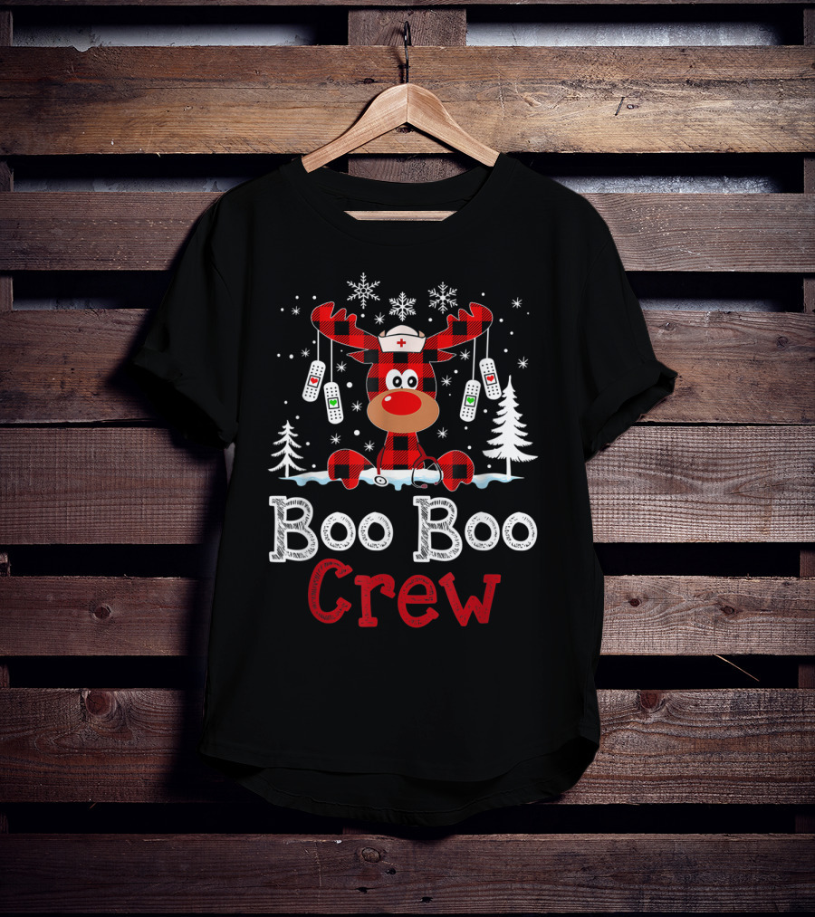 Boo Boo Crew Funny Cute Reindeer Buffalo Plaid T-Shirt