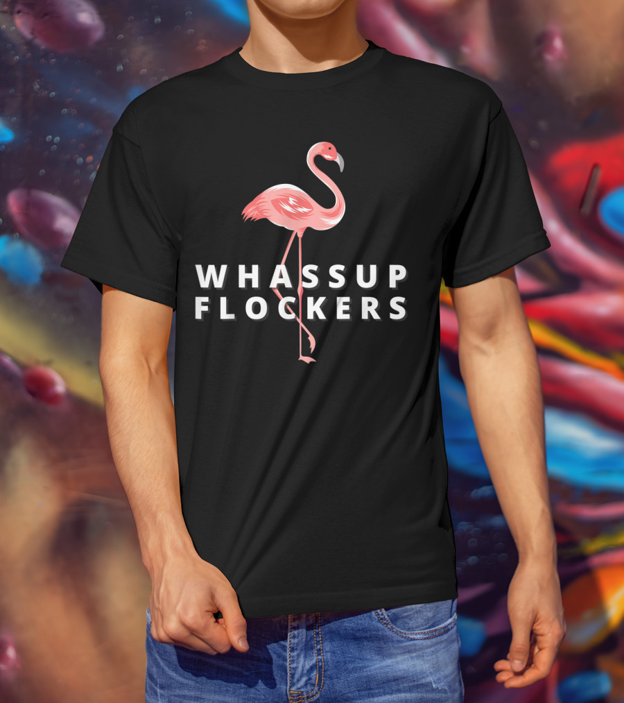 Whassup Flockers Funny Flamingos Woman Watercolor Beach T-Shirt