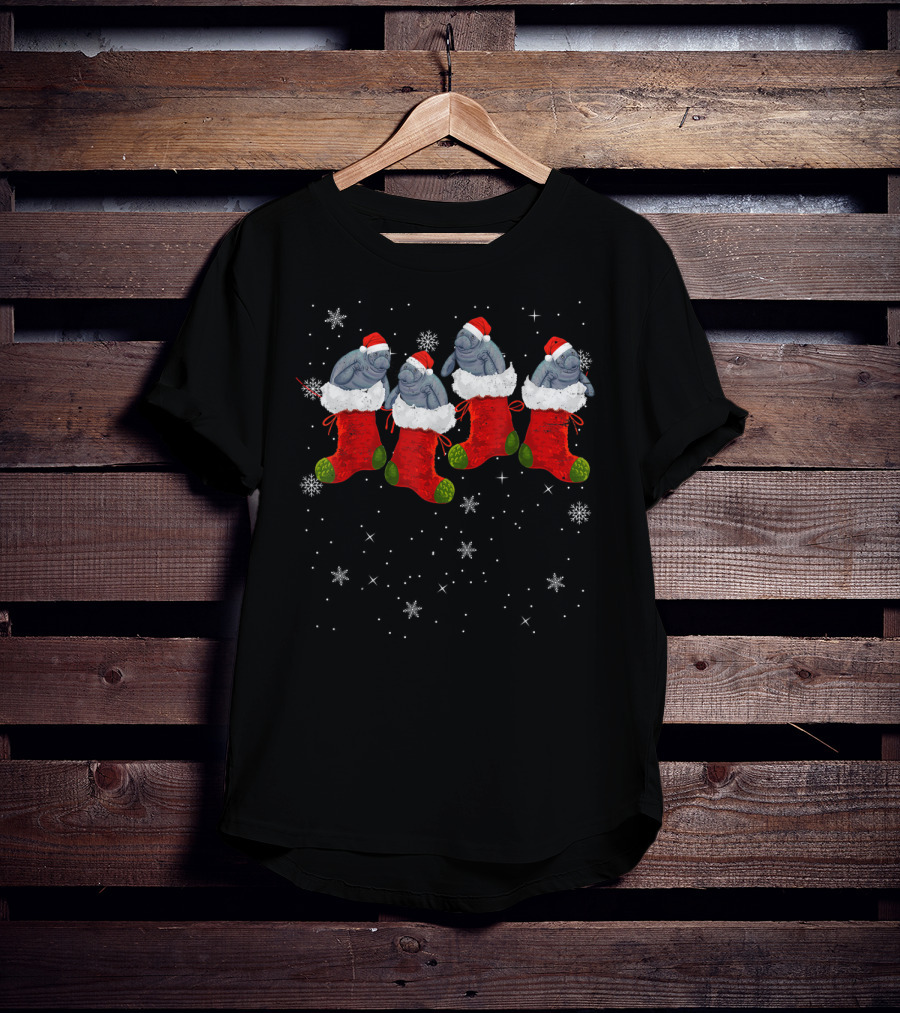 Santa Hat Manatees In Christmas Stockings With Snowflakes T-Shirt
