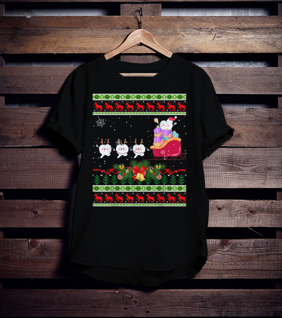 Funny Christmas Tree Dental Snowmen In Santa's Sleigh T-Shirt