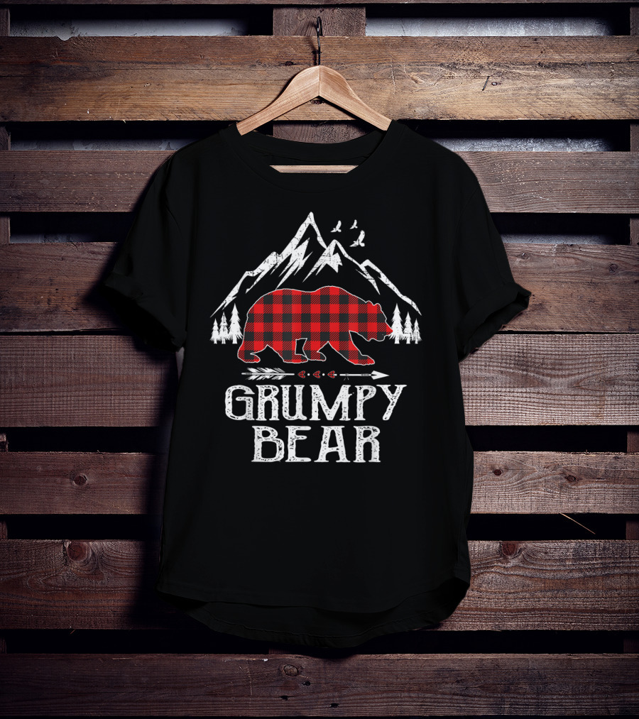 Grumpy Bear Red Plaid Buffalo Mountain Christmas Forest T-Shirt