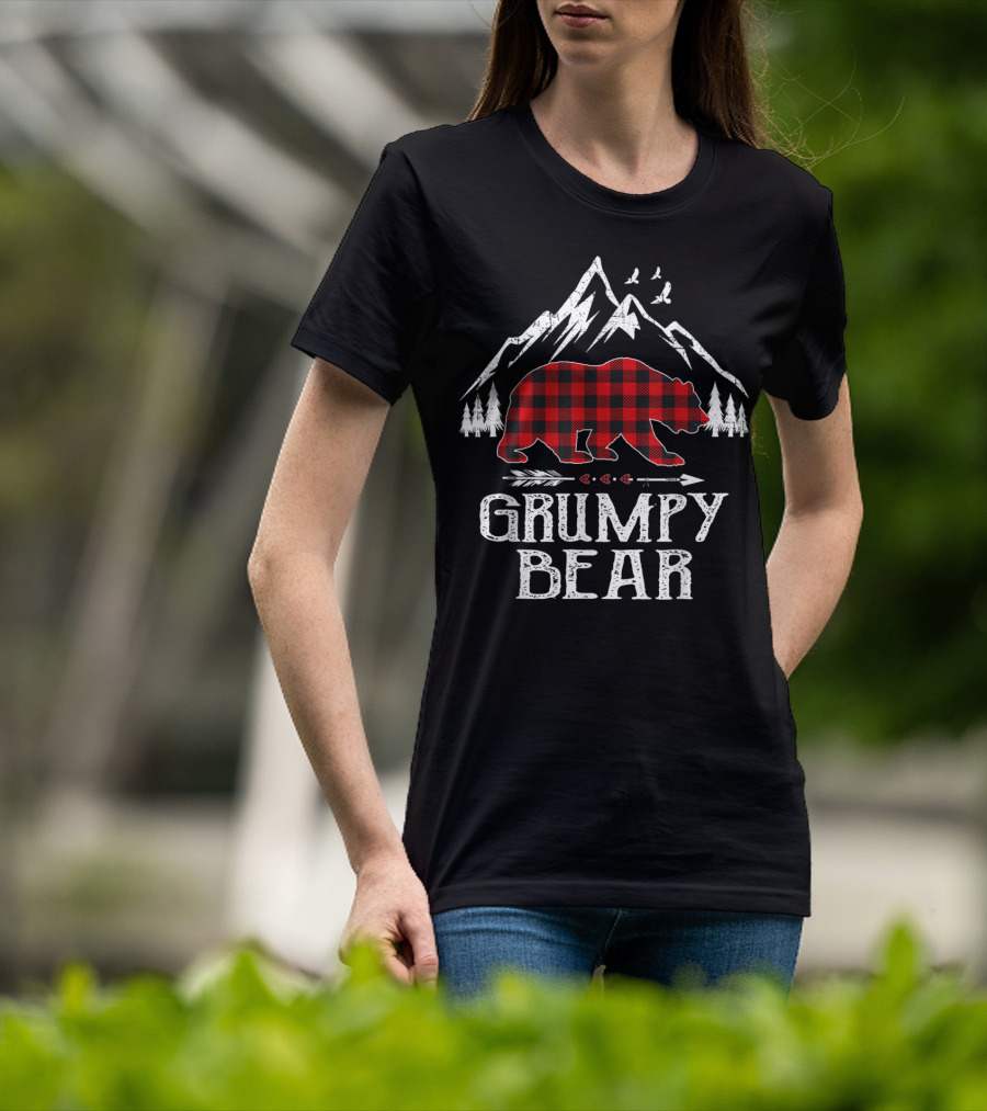 Grumpy Bear Red Plaid Buffalo Mountain Christmas Forest T-Shirt