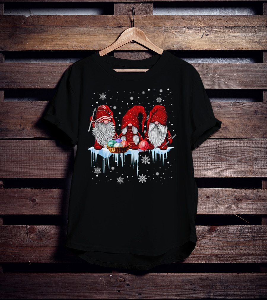 Hanging With Red Gnomies Crochet Funny Gnome Snowflakes And Yarn On Ice T-Shirt