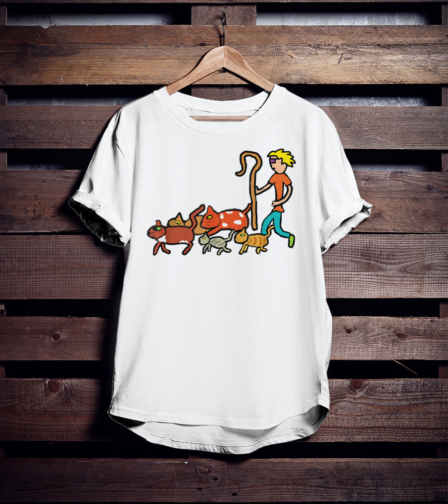 Herding Cats Cartoon Shepherd With Colorful Cats Scene T-Shirt