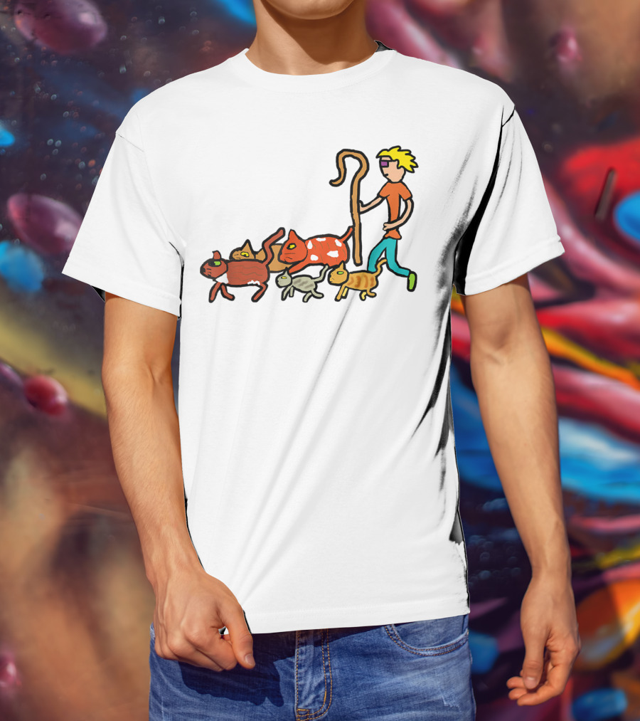 Herding Cats Cartoon Shepherd With Colorful Cats Scene T-Shirt