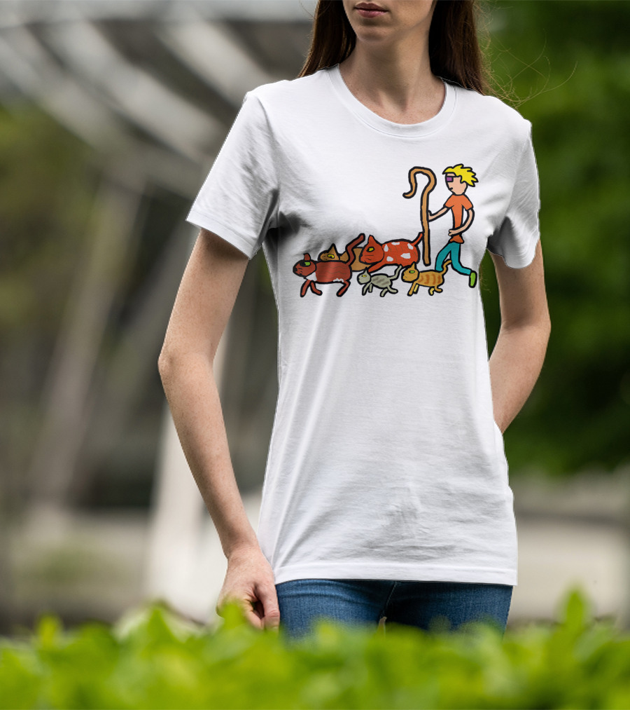 Herding Cats Cartoon Shepherd With Colorful Cats Scene T-Shirt