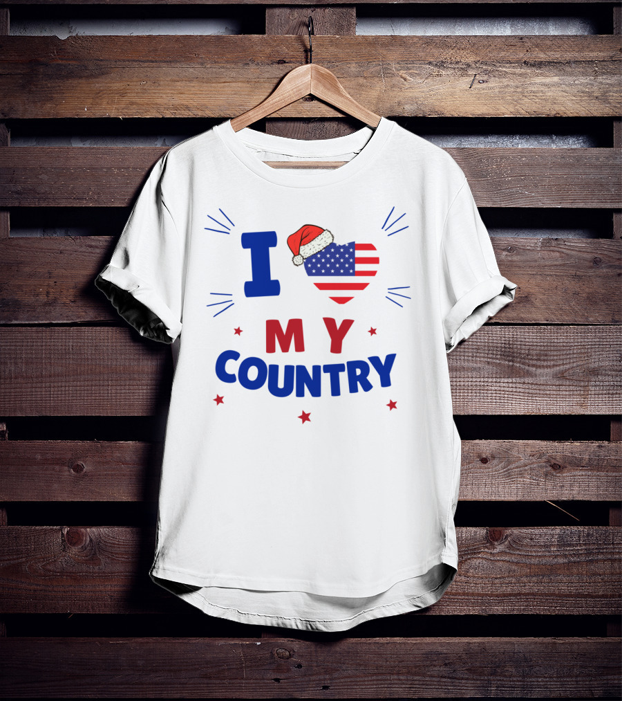 I Love My Country Heart Flag Santa Hat Patriotic Merry Christmas T-Shirt