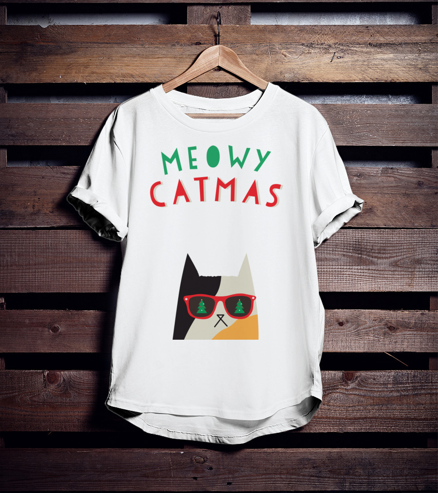 Meowy Catmas Christmas Calico Cat With Sunglasses And Trees T-Shirt