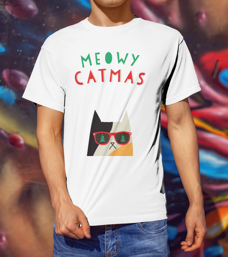 Meowy Catmas Christmas Calico Cat With Sunglasses And Trees T-Shirt