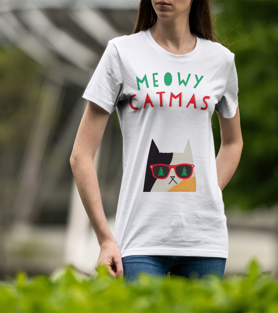 Meowy Catmas Christmas Calico Cat With Sunglasses And Trees T-Shirt