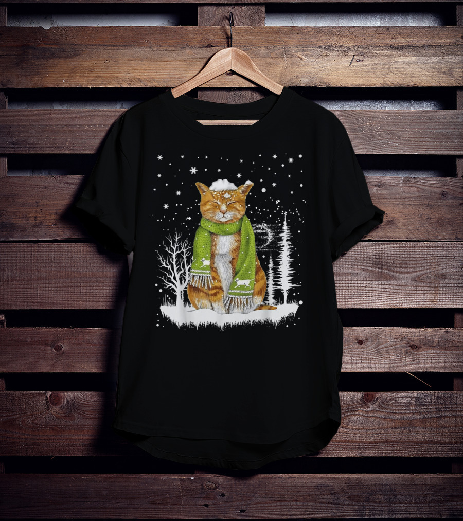 Meowy Xmas Christmas Cats In Snow With Green Scarf And Reindeer T-Shirt
