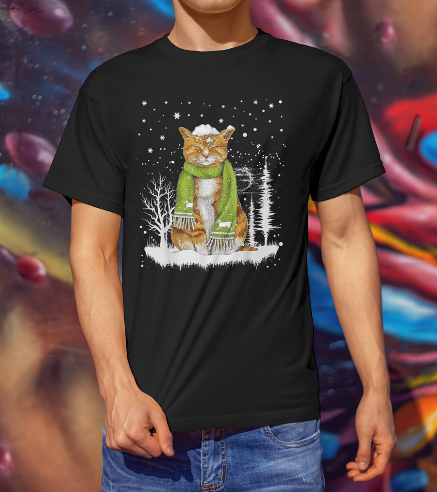 Meowy Xmas Christmas Cats In Snow With Green Scarf And Reindeer T-Shirt