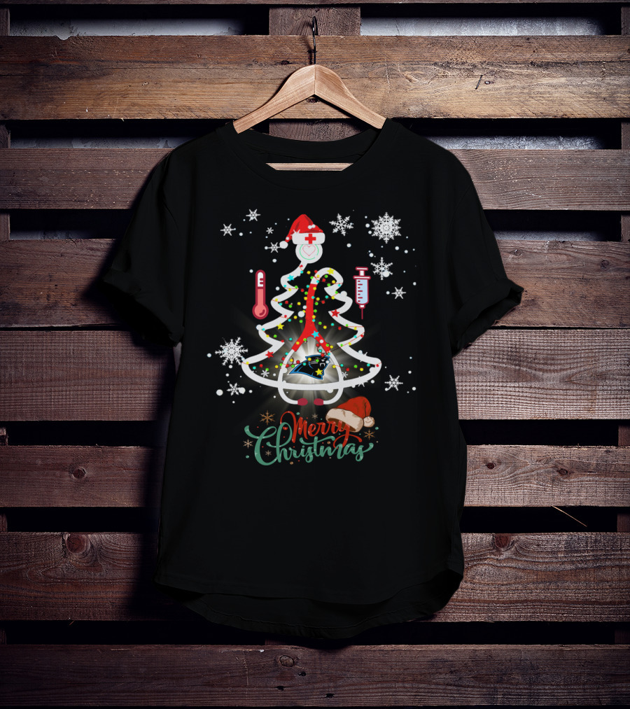 Merry Christmas Carolina Panthers Nurse Football Tree T-Shirt