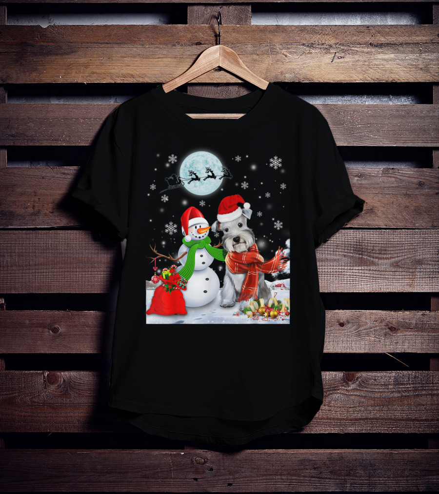 Miniature Schnauzer Santa Snowman Christmas Moon Snowflakes T-Shirt
