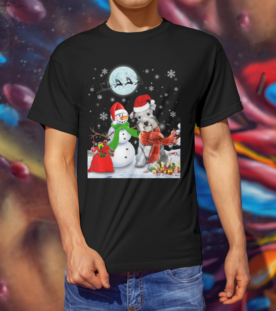 Miniature Schnauzer Santa Snowman Christmas Moon Snowflakes T-Shirt