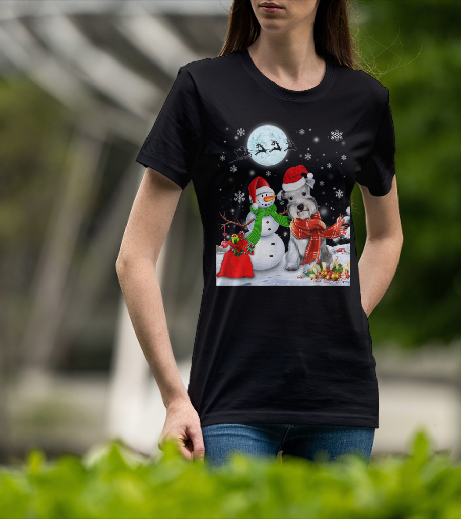 Miniature Schnauzer Santa Snowman Christmas Moon Snowflakes T-Shirt