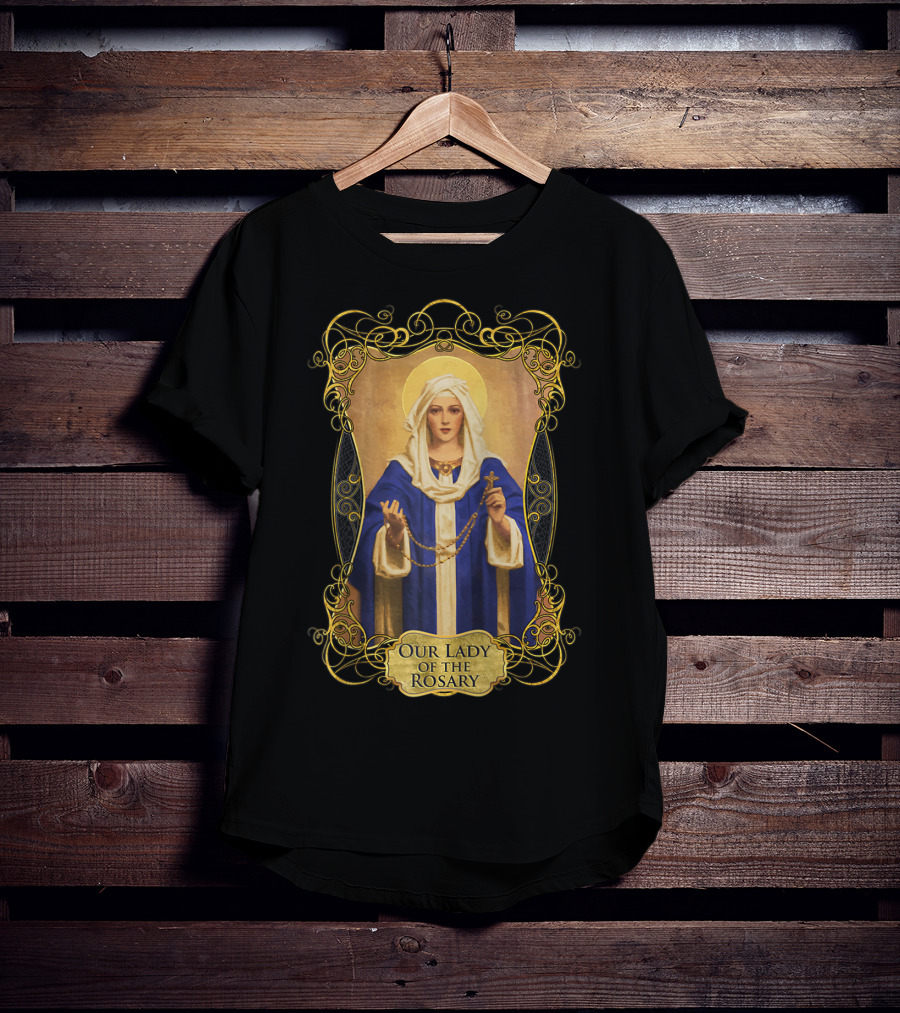 Our Lady Of The Rosary Catholic Prayer Blessed Virgin Mary Icon With Rosary Beads And Cross T-Shirt